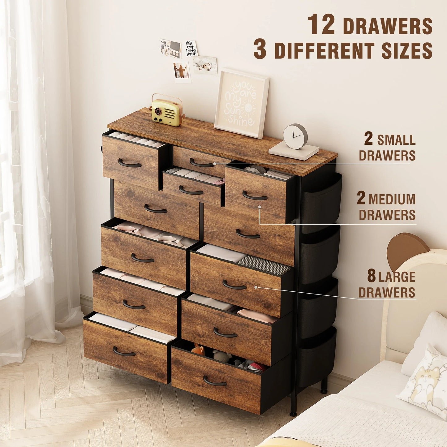 GIKPAL Dressers for Bedroom, Chest of Drawers Dresser Tall Dresser with 12 Drawers Fabric Dressers for Closet Living Room Hallway Nursery, Brown