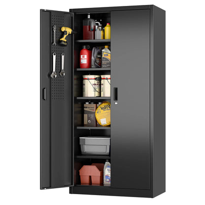 Aobabo Metal Storage Cabinet with Lock & Pegboard,Garage Storage Cabinet with 5 Adjustable Shelves,Tool Storage Cabinets for Home Office Garage,Assembly Required,Black