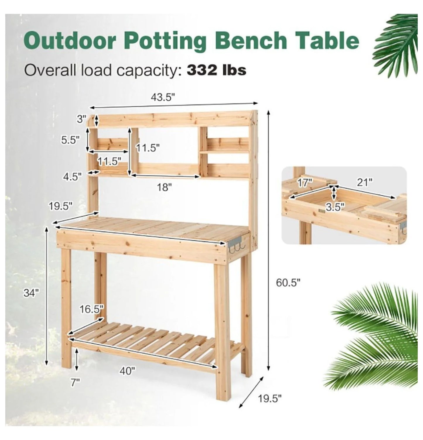Garden Potting Bench Table with Display Rack & Sink - Outdoor Workstation for Plants, Tools & Gardening - Fir Wood - 43.5" x 19.5" x 60.5"
