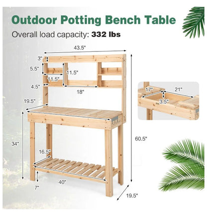 Garden Potting Bench Table with Display Rack & Sink - Outdoor Workstation for Plants, Tools & Gardening - Fir Wood - 43.5" x 19.5" x 60.5"
