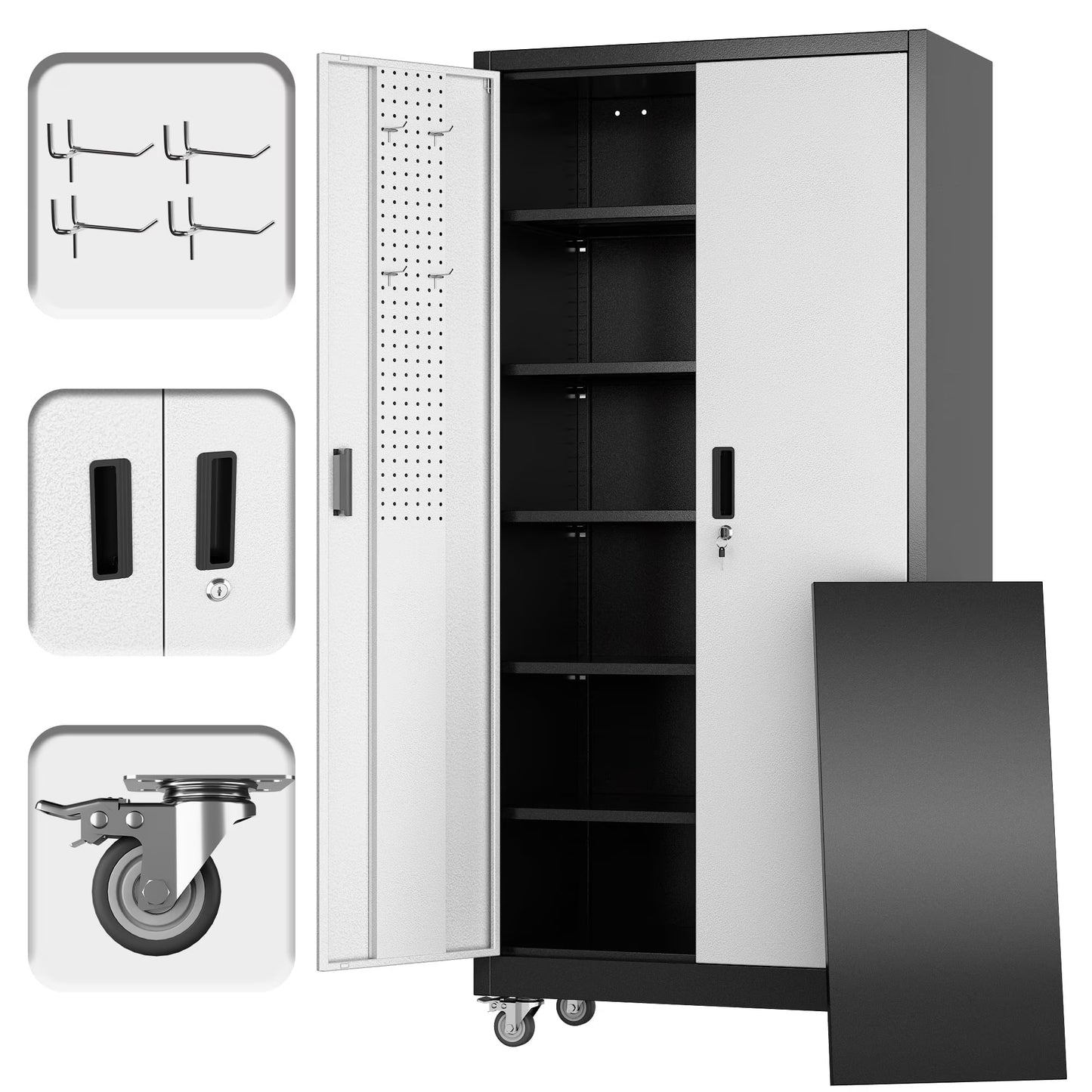 GAEANET 71" H Metal Storage Cabinet on Wheels with Pegboards & Drawer,Lockable Rolling Steel Tool Chest Cabinet for Garage,Warehouse,Home Office,Assembly Required,Black+Gray