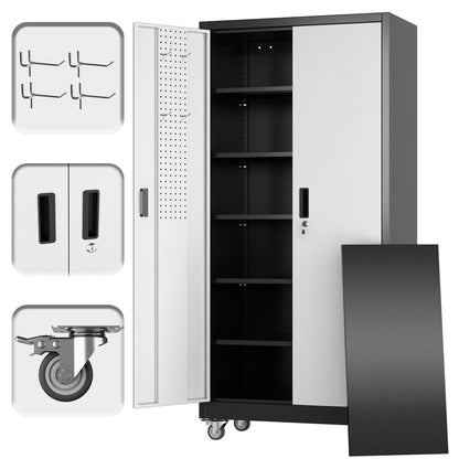 GAEANET 71" H Metal Storage Cabinet on Wheels with Pegboards & Drawer,Lockable Rolling Steel Tool Chest Cabinet for Garage,Warehouse,Home Office,Assembly Required,Black+Gray