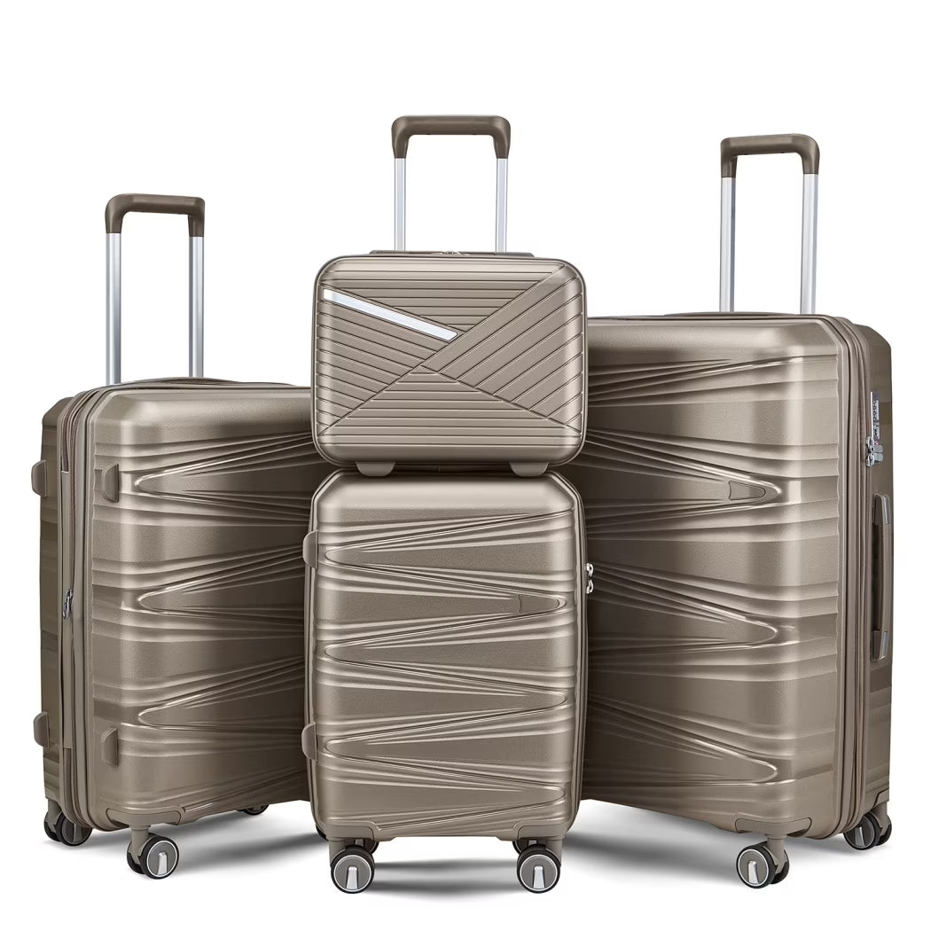 4 Piece Luggage Set, 14"/20''/24/''28'' Expandable Lightweight Suitcase with Noise-free Double Spinner Wheels & TSA Lock, Polypropylene Hardshell Storage Case for Travel Vacation, Champagne