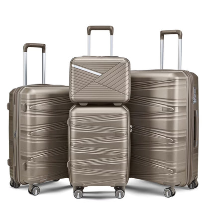 4 Piece Luggage Set, 14"/20''/24/''28'' Expandable Lightweight Suitcase with Noise-free Double Spinner Wheels & TSA Lock, Polypropylene Hardshell Storage Case for Travel Vacation, Champagne