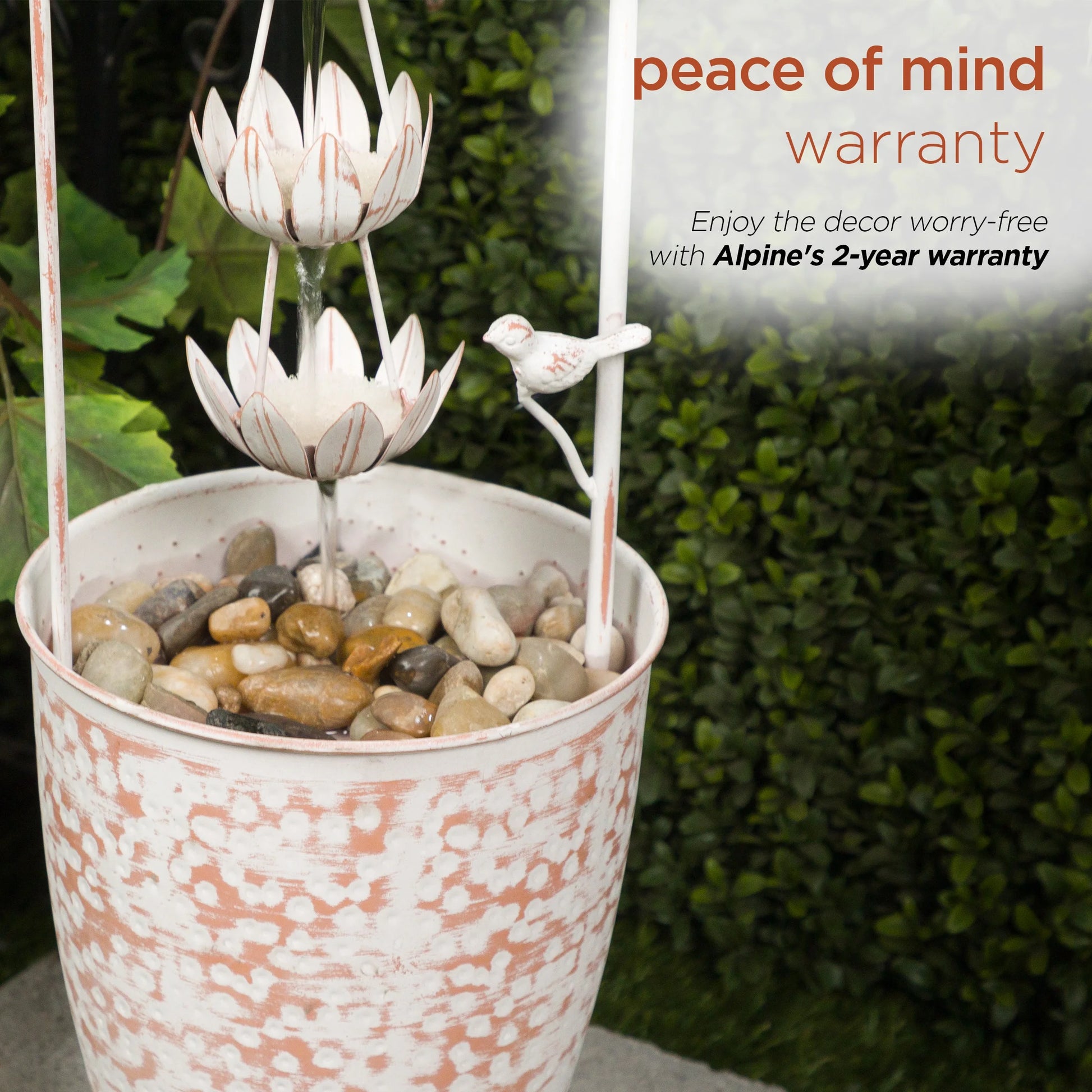 Alpine Corporation Metal White Rustic Outdoor Electric Fountain with Flower