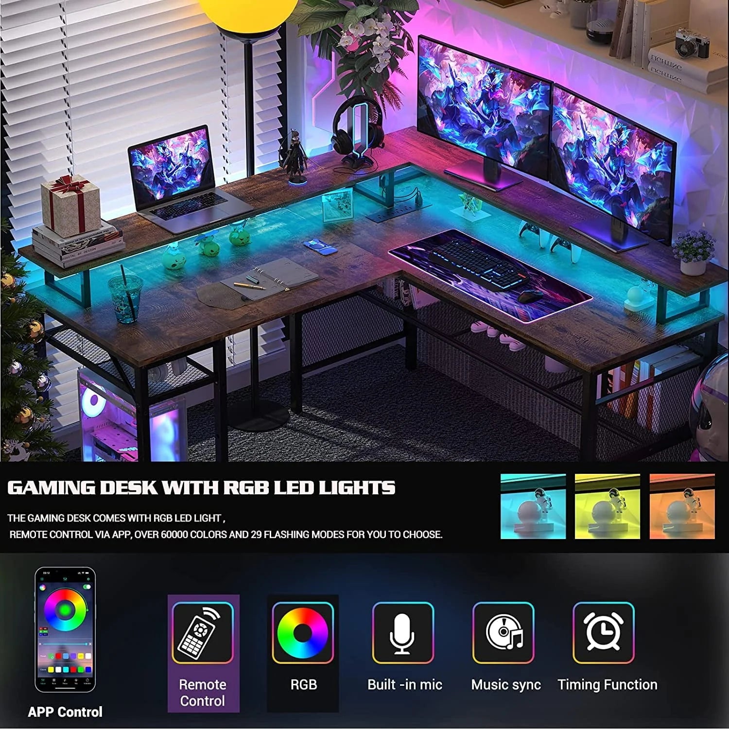 Homieasy L Shaped Desk with Power Outlets and LED Light, 55 inch Reversible L-Shaped Gaming Desk with Monitor Stand, Ergonomic Corner Computer Desk with Storage Shelf for Home Office, Rustic Brown