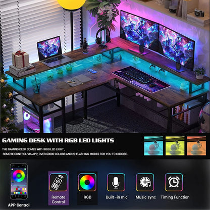 Homieasy L Shaped Desk with Power Outlets and LED Light, 55 inch Reversible L-Shaped Gaming Desk with Monitor Stand, Ergonomic Corner Computer Desk with Storage Shelf for Home Office, Rustic Brown