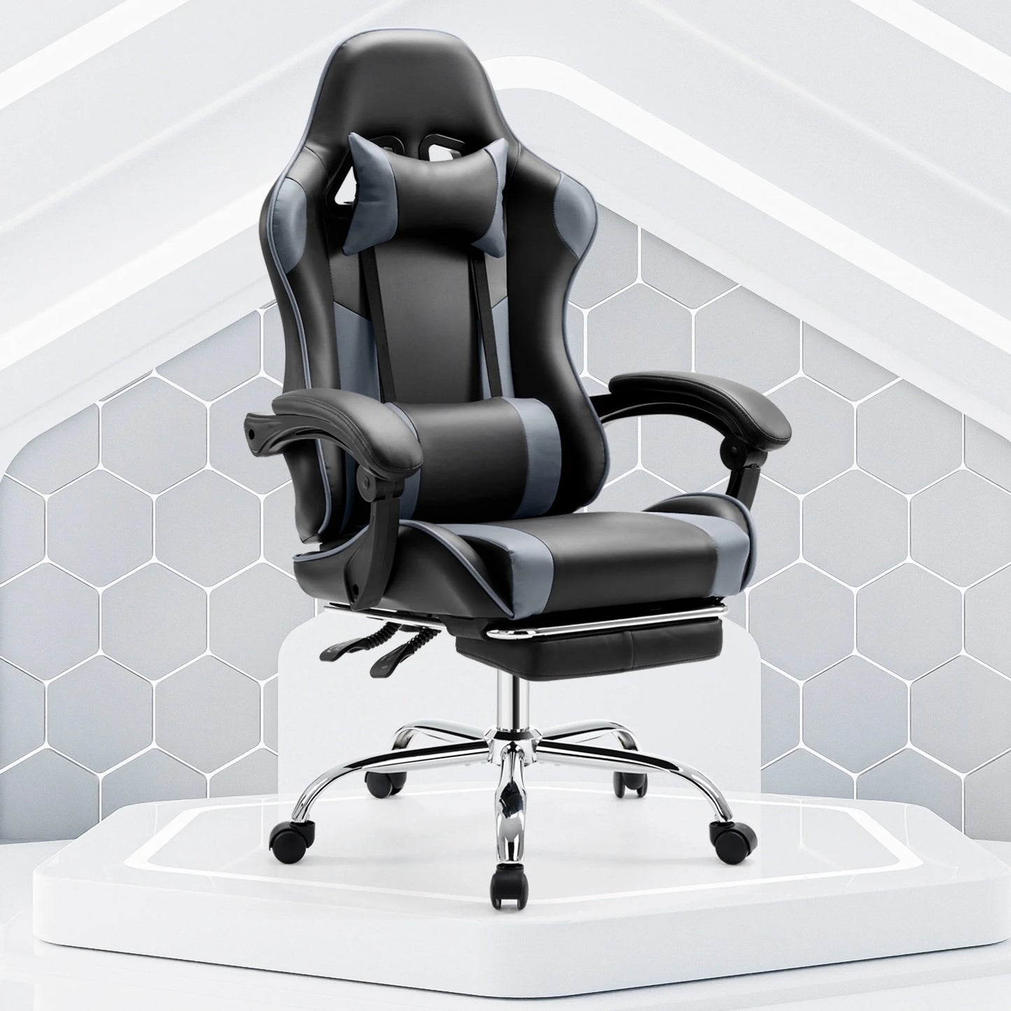 MCQ Ergonomic Swivel Gaming Chair with Headrest Lumbar Support for Home Office, Black and Grey