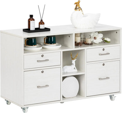 VINGLI Rolling 4-Drawer File Cabinet with Lock and Shelves, Wood Lateral Filling Printer Stand for Home Office, Cream White