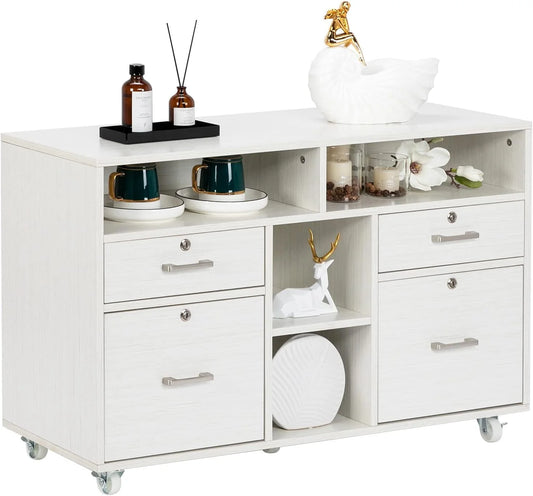 VINGLI Rolling 4-Drawer File Cabinet with Lock and Shelves, Wood Lateral Filling Printer Stand for Home Office, Cream White