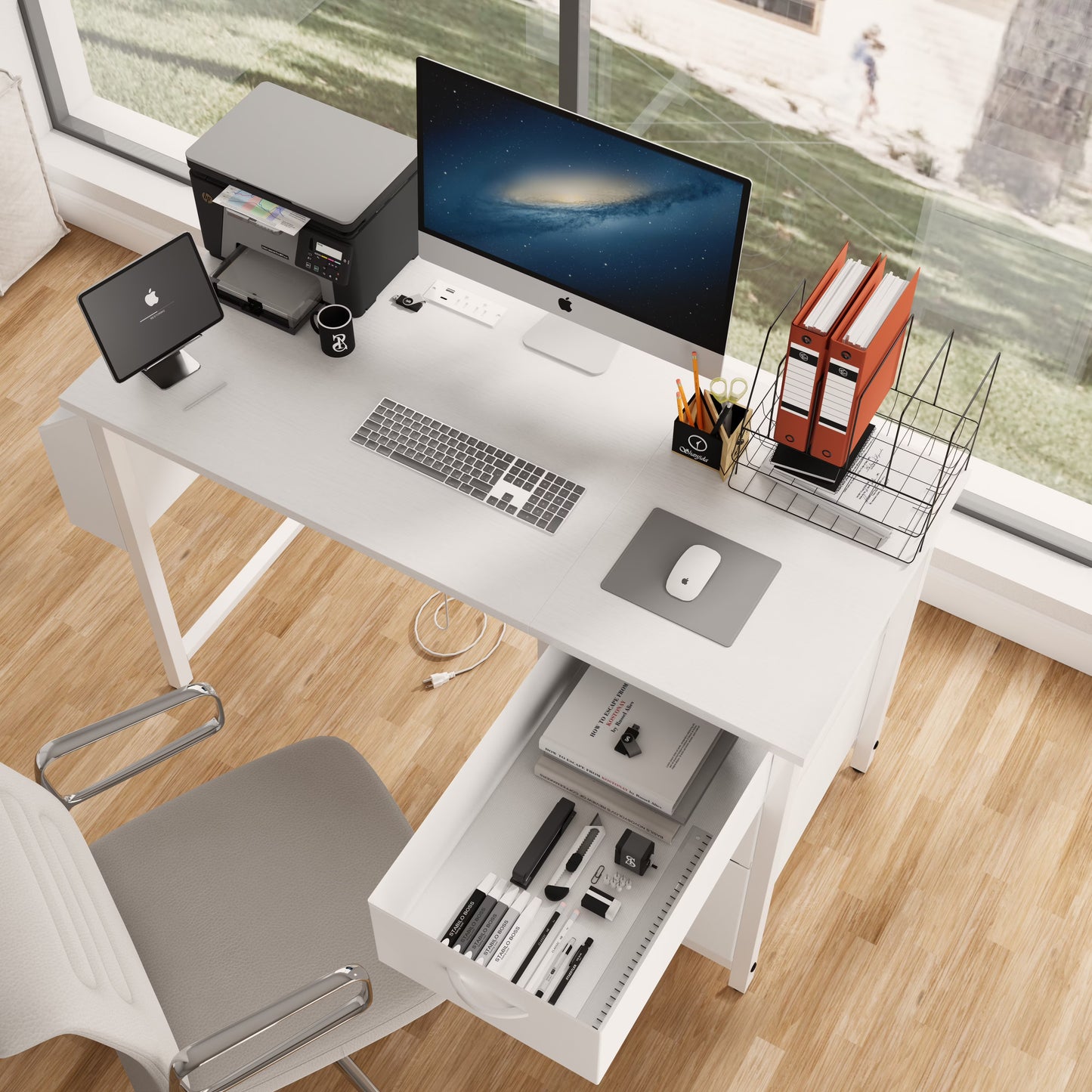 New 47.3" Computer Desk with Power Outlets, Small Home Office Desk with 3 drawers,Side Pocket, Gaming Desk, Modern Study Desk, Laptop Desk, White