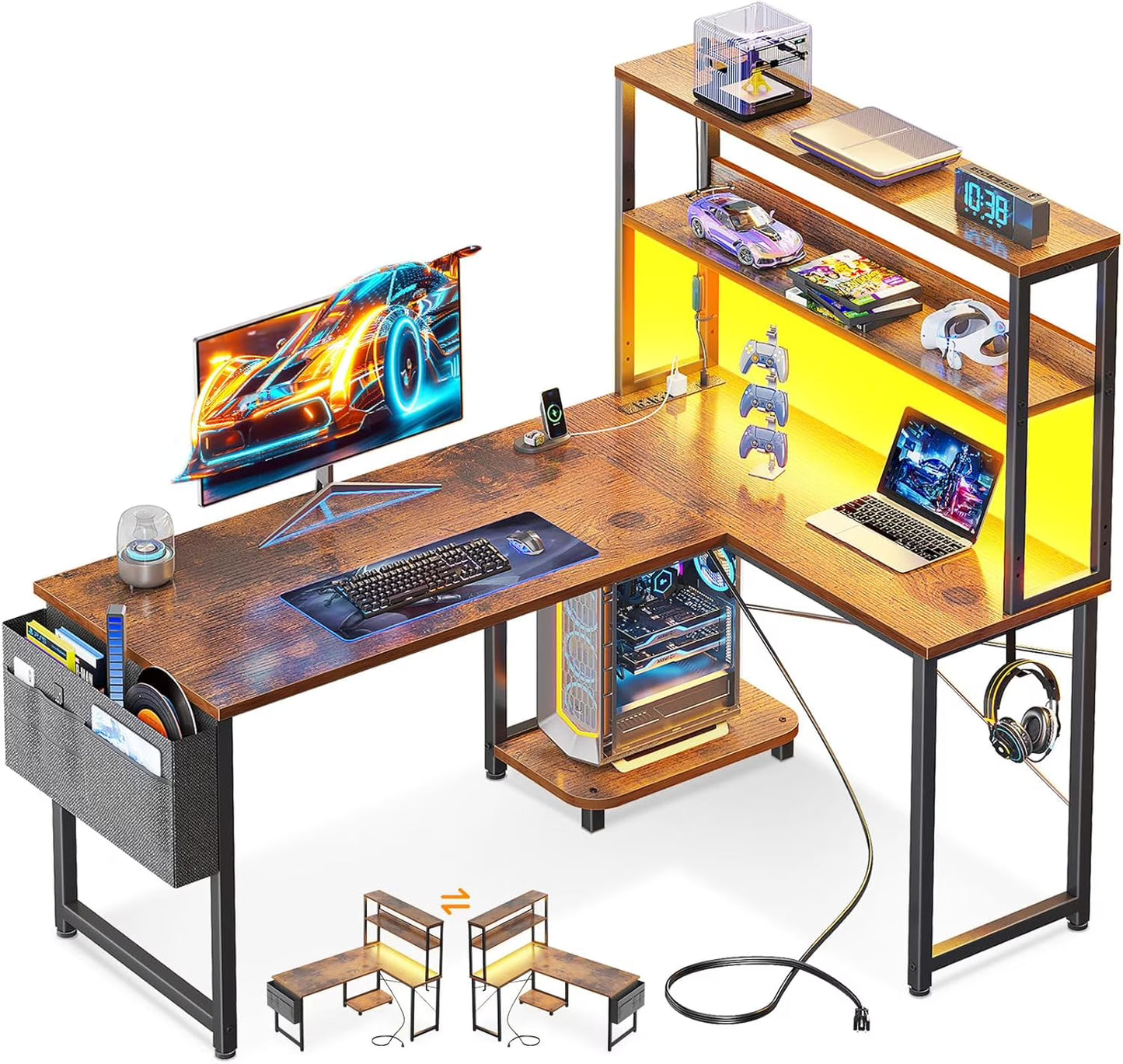 Gaming Desk with Power Outlets & LED Lights, 43 Inch Reversible L Shaped Computer Desk with Shelves & Storage Bag, Corner Desk for Home Office, Black