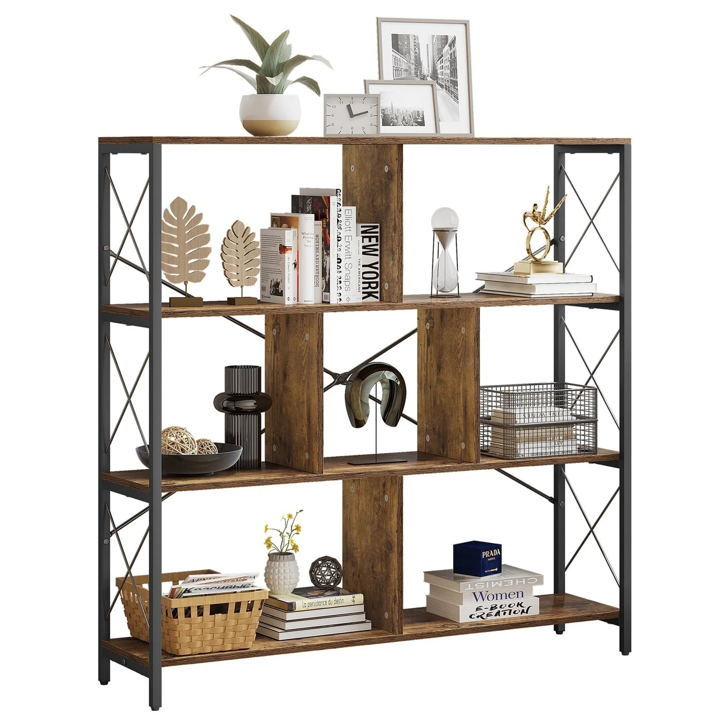 Dextrus Bookcases and Bookshelves with 7 Open Storage Shelves, Free Standing Bookshelf with Metal Frame for Living Room Bedroom Home Office, Brown