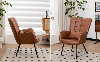 Modern Accent High Back Chair, Bonded Leather Armchair, Living Room Chairs with Metal Legs and Soft Padded, Sofa Chairs for Home Office/Bedroom/Dining Room, Brown (1pc)
