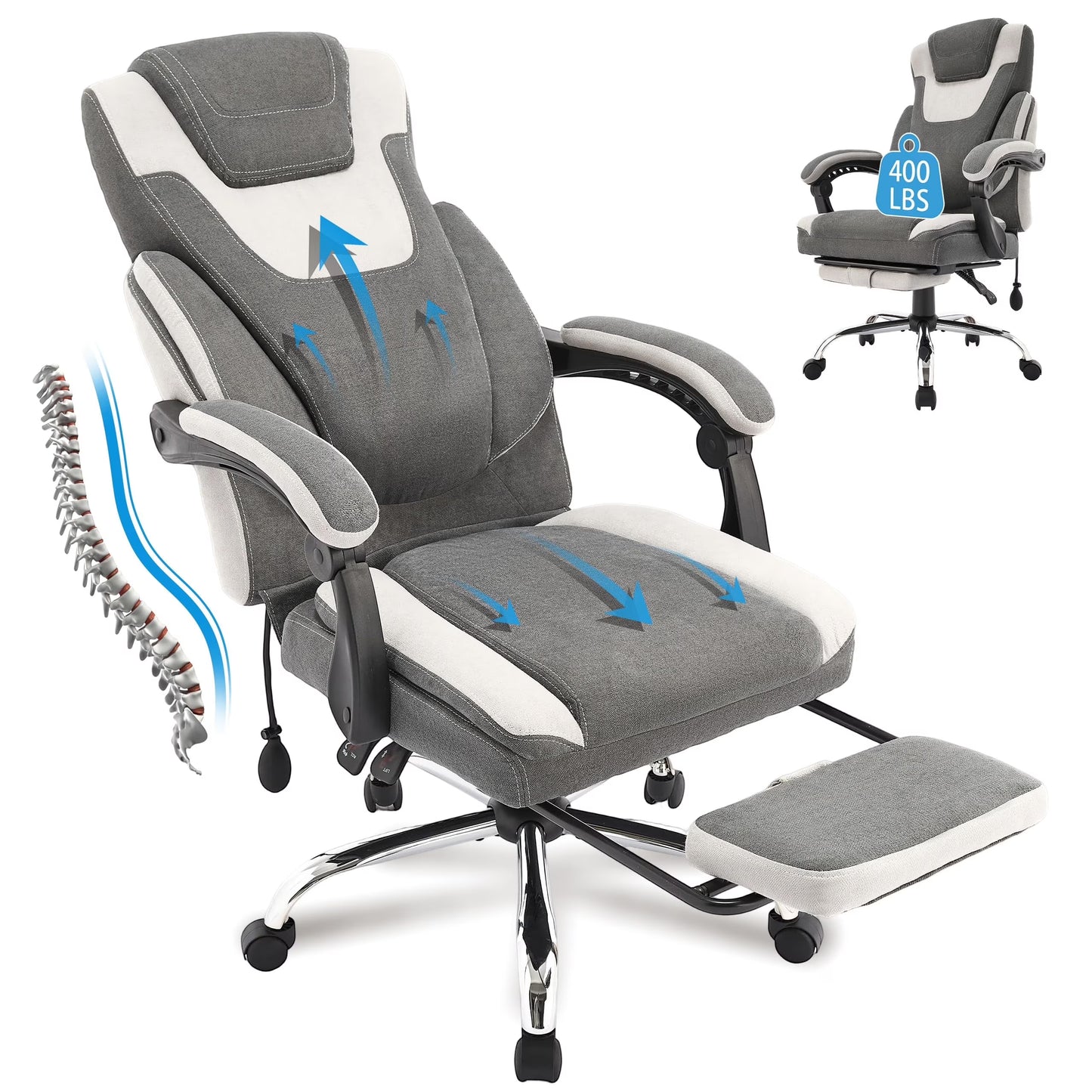 JONPONY Big and Tall Office Chair 400lbs, Executive Reclining Office Chairs with Footrest, High Back Home Office Chair Thick Padded Armrests, Ergonomic Adjustable Lumbar Support, PinkWhite