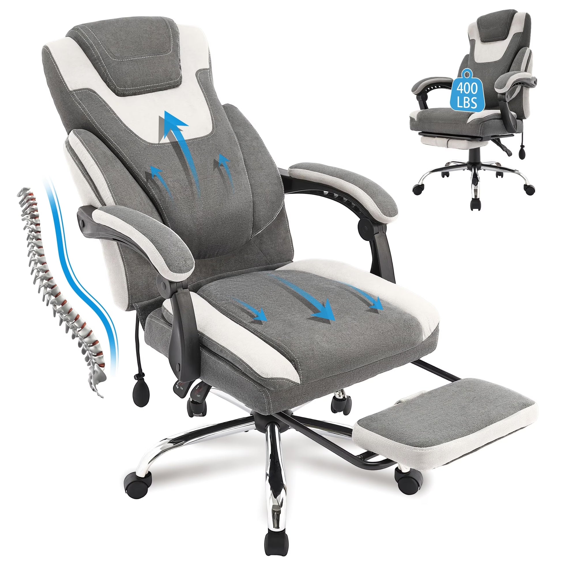 JONPONY Big and Tall Office Chair 400lbs, Executive Reclining Office Chairs with Footrest, High Back Home Office Chair Thick Padded Armrests, Ergonomic Adjustable Lumbar Support, PinkWhite