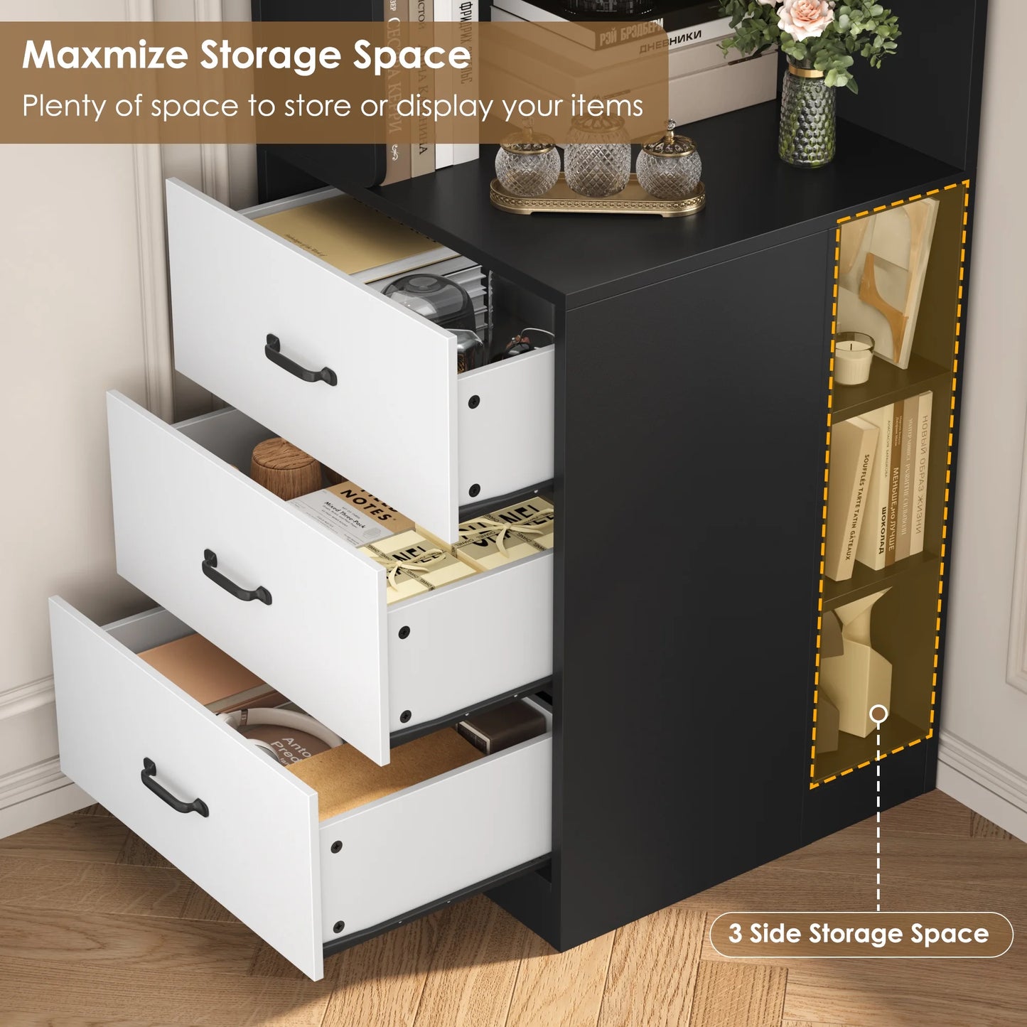 Hiphuta 77"Tall L-Shaped Corner Bookshelf with Drawers and Side Storage, Modern Wood Bookcase with 4-Tier Display Shelves Storage Cabinet for Living Room Home Office , Black