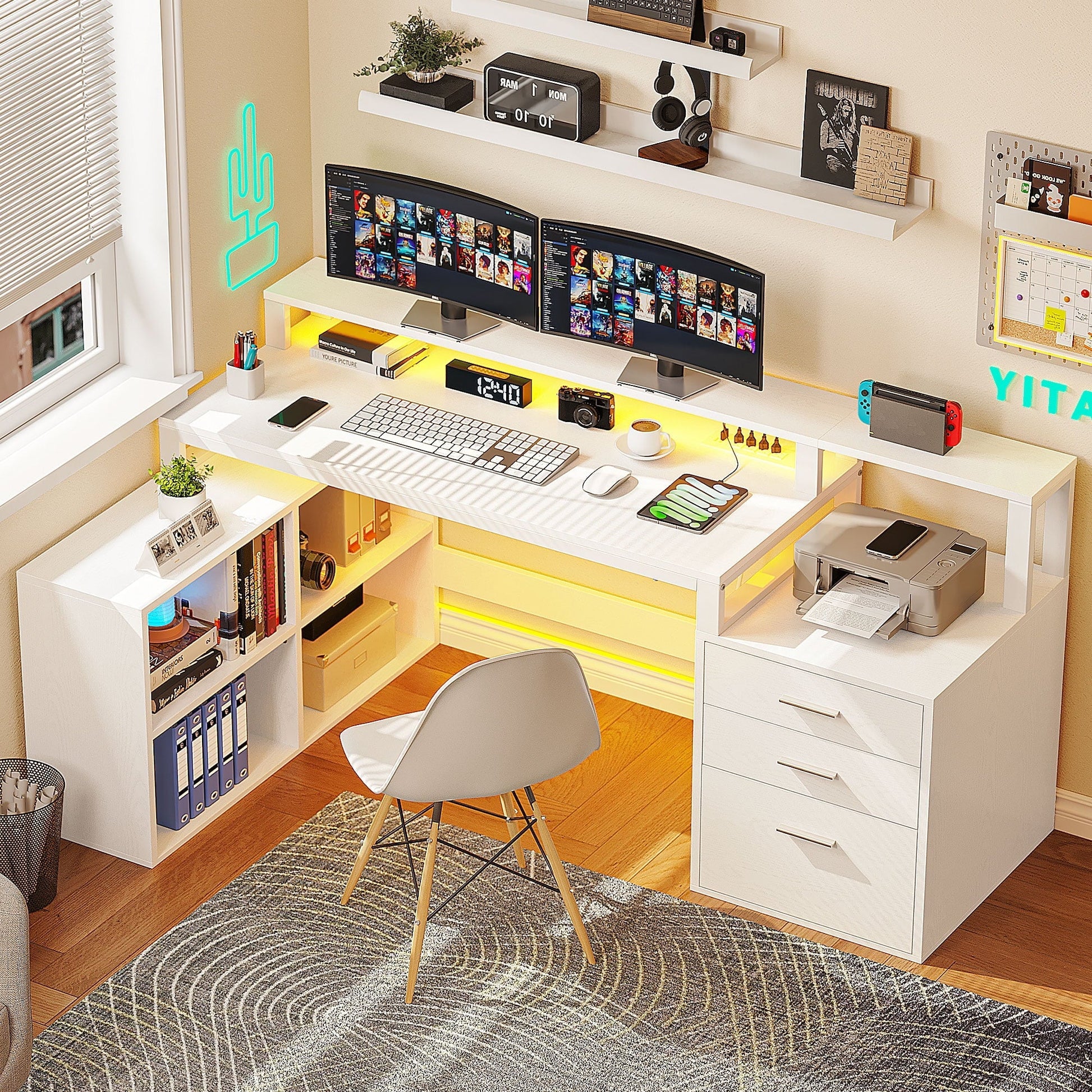 65" L Shaped Desk with Power Outlets and Monitor Stand , Computer Desk with LED Light &File Cabinet, Corner Desk with 3 Drawers & 4 Open Storage Shelves, White Modern Home Office Desk