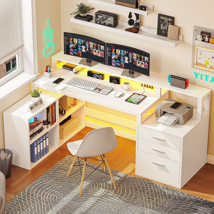 65" L Shaped Desk with Power Outlets and Monitor Stand , Computer Desk with LED Light &File Cabinet, Corner Desk with 3 Drawers & 4 Open Storage Shelves, White Modern Home Office Desk