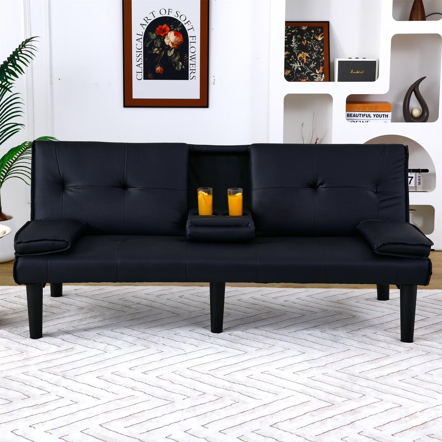 Aukfa Faux Leather Futon Convertible Sofa Bed for Home Office Twin Size, Black& White