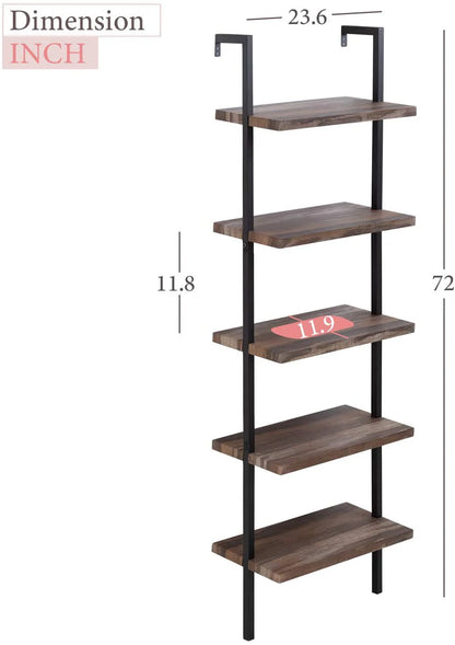 FDW 4-Shelf Bookcase Open Wall Mount Ladder Bookshelf with Industrial Metal Frame For Home Office Study, 60-inch