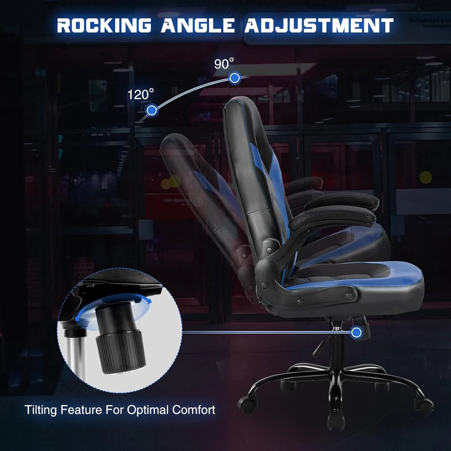 Ergonomic Computer Gaming Chair - Home Office Desk with PU Leather Lumbar Support, Height Adjustable Big and Tall Video Game with Flip-up Armrest, Swivel Wheels for Adults and Teens
