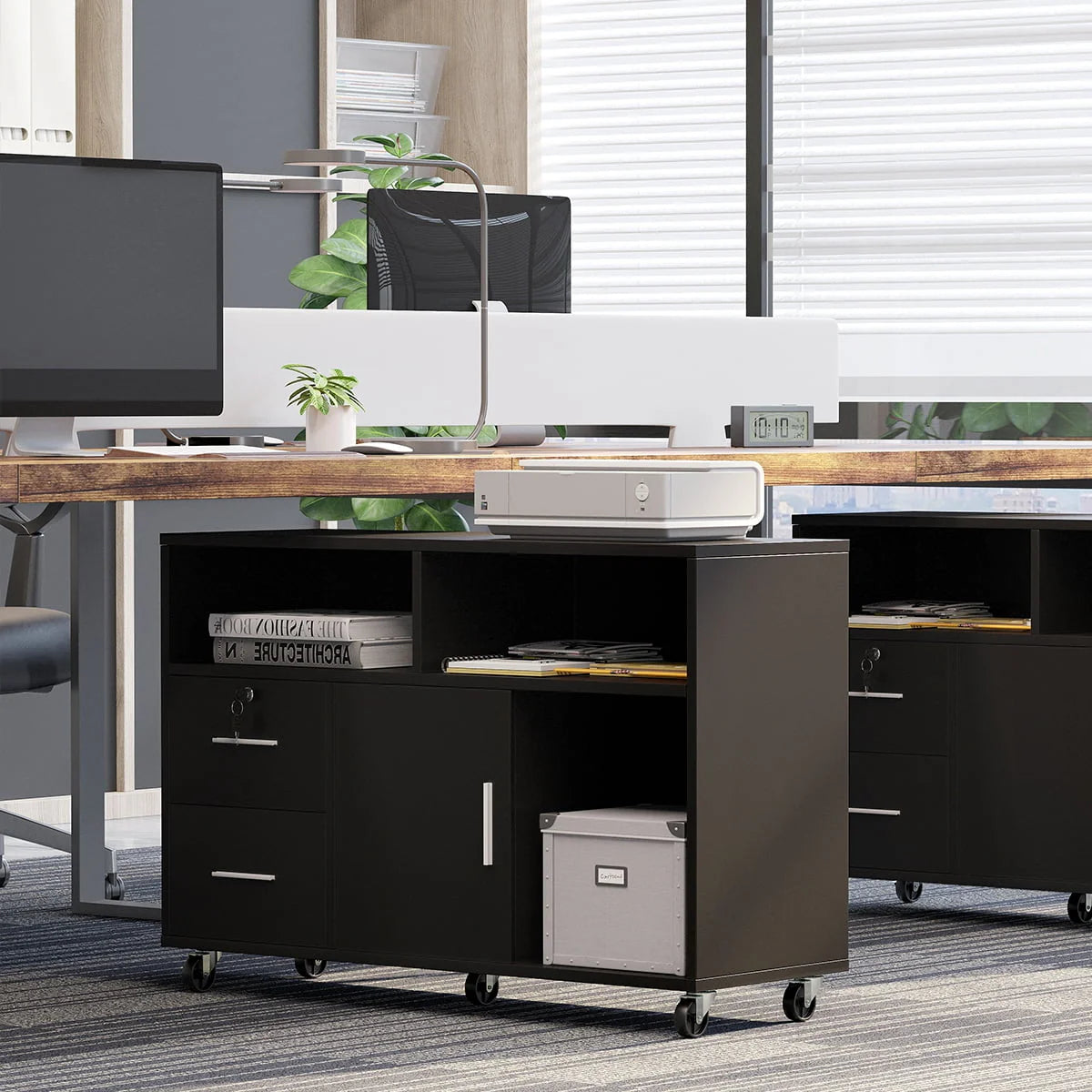 Dextrus 2 Drawer Wood File Cabinet, Mobile Lateral Filing Cabinet with Lock, Printer Stand with Open Storage Shelves for Home Office, Drawers Without Hanging Bars, Black