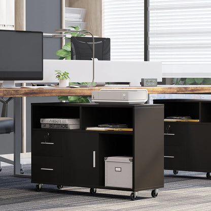 Dextrus 2 Drawer Wood File Cabinet, Mobile Lateral Filing Cabinet with Lock, Printer Stand with Open Storage Shelves for Home Office, Drawers Without Hanging Bars, Black