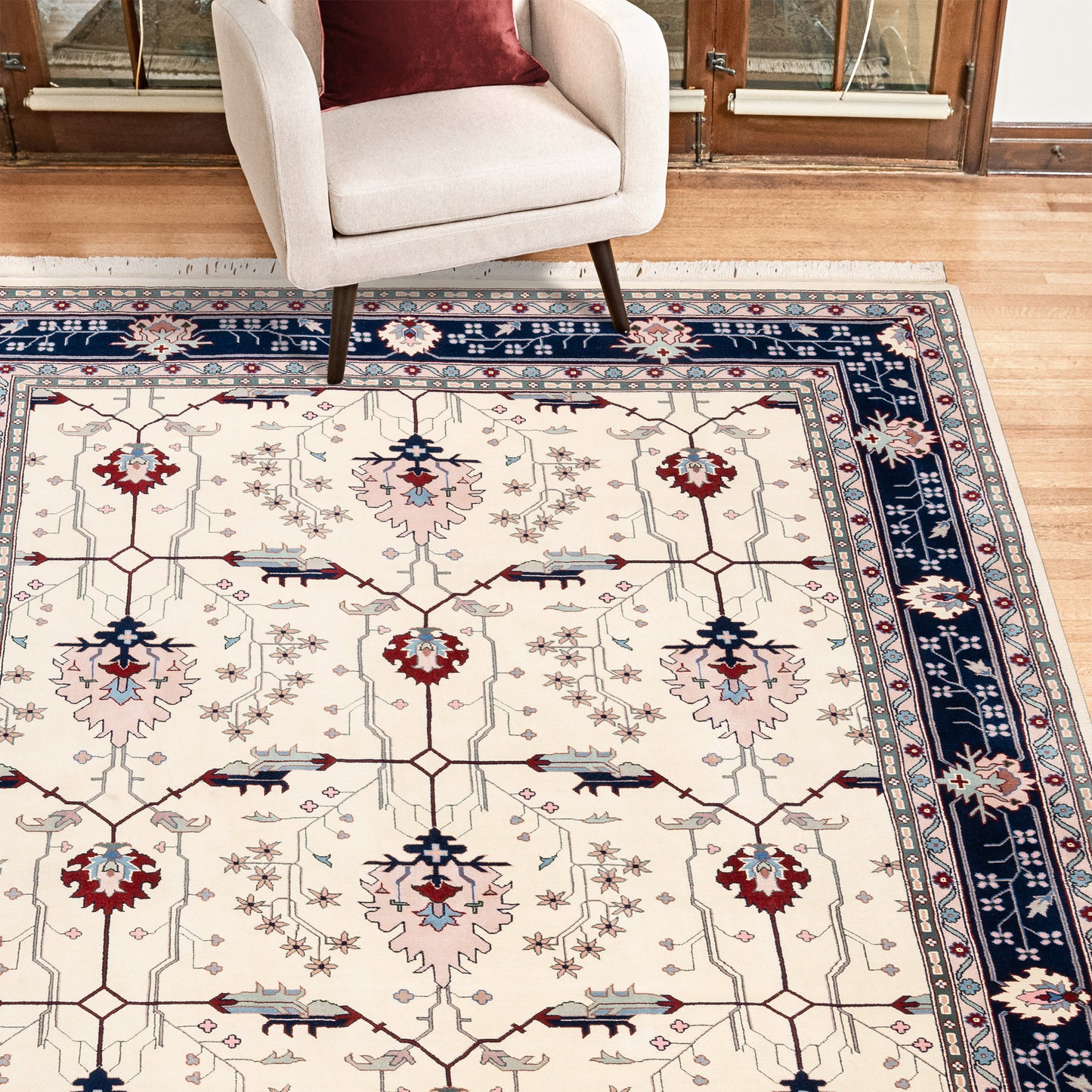 Montacute Hand Knotted Area Rug, Keshan Ivory Navy, 9' x 12'