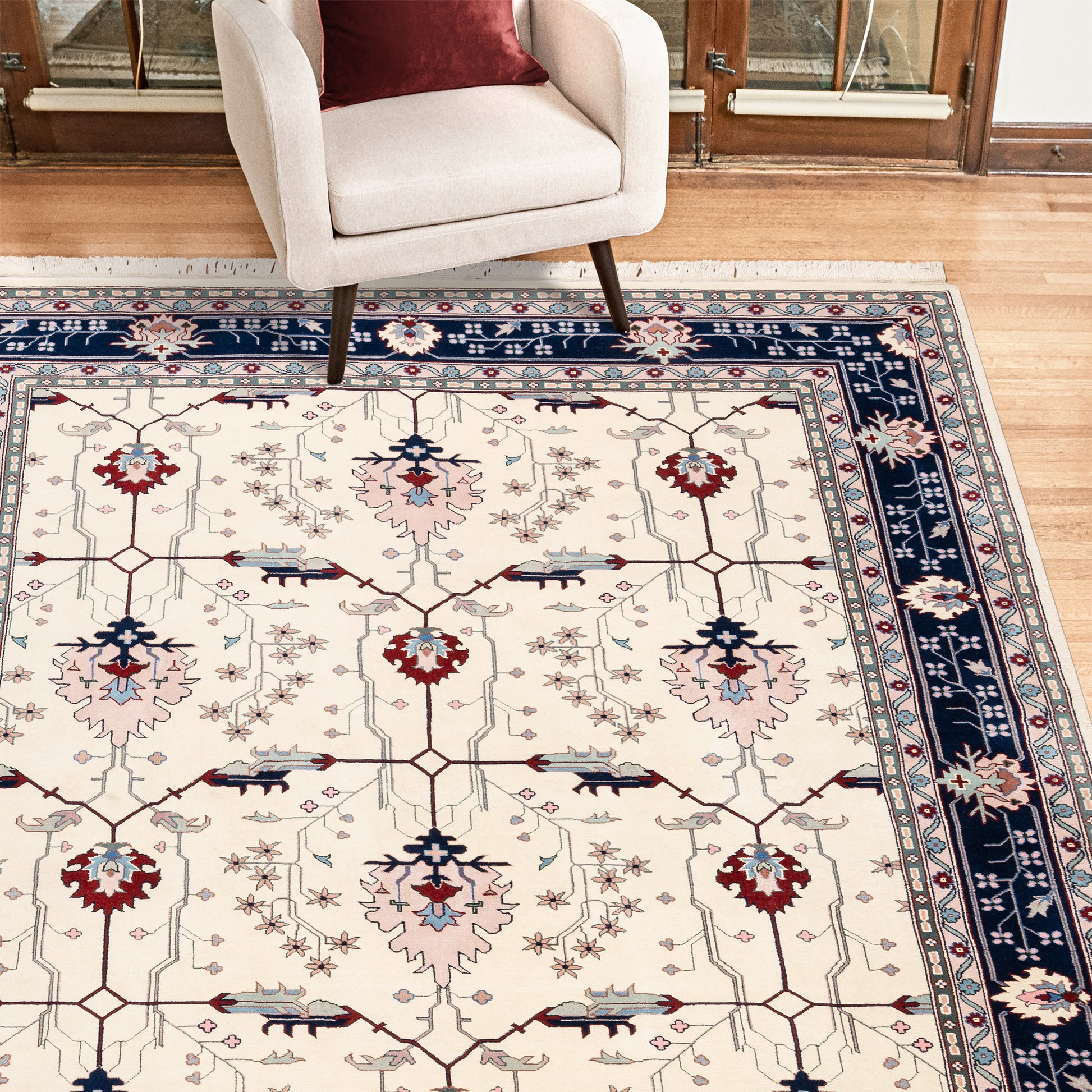 Montacute Hand Knotted Area Rug, Keshan Ivory Navy, 9' x 12'