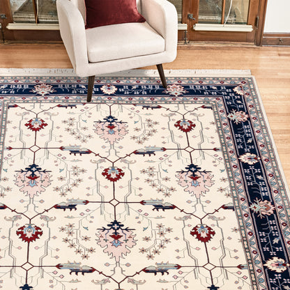 Montacute Hand Knotted Area Rug, Keshan Ivory Navy, 9' x 12'