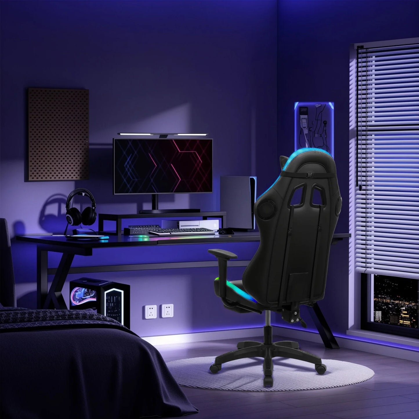 Nanly Gaming Chair with Retractable Footrest, Ergonomic Computer Racing Chair with Two Bluetooth-compatible Speakers and Multiple RGB LED Light Modes Swivel Rolling Computer Chair for Home Office