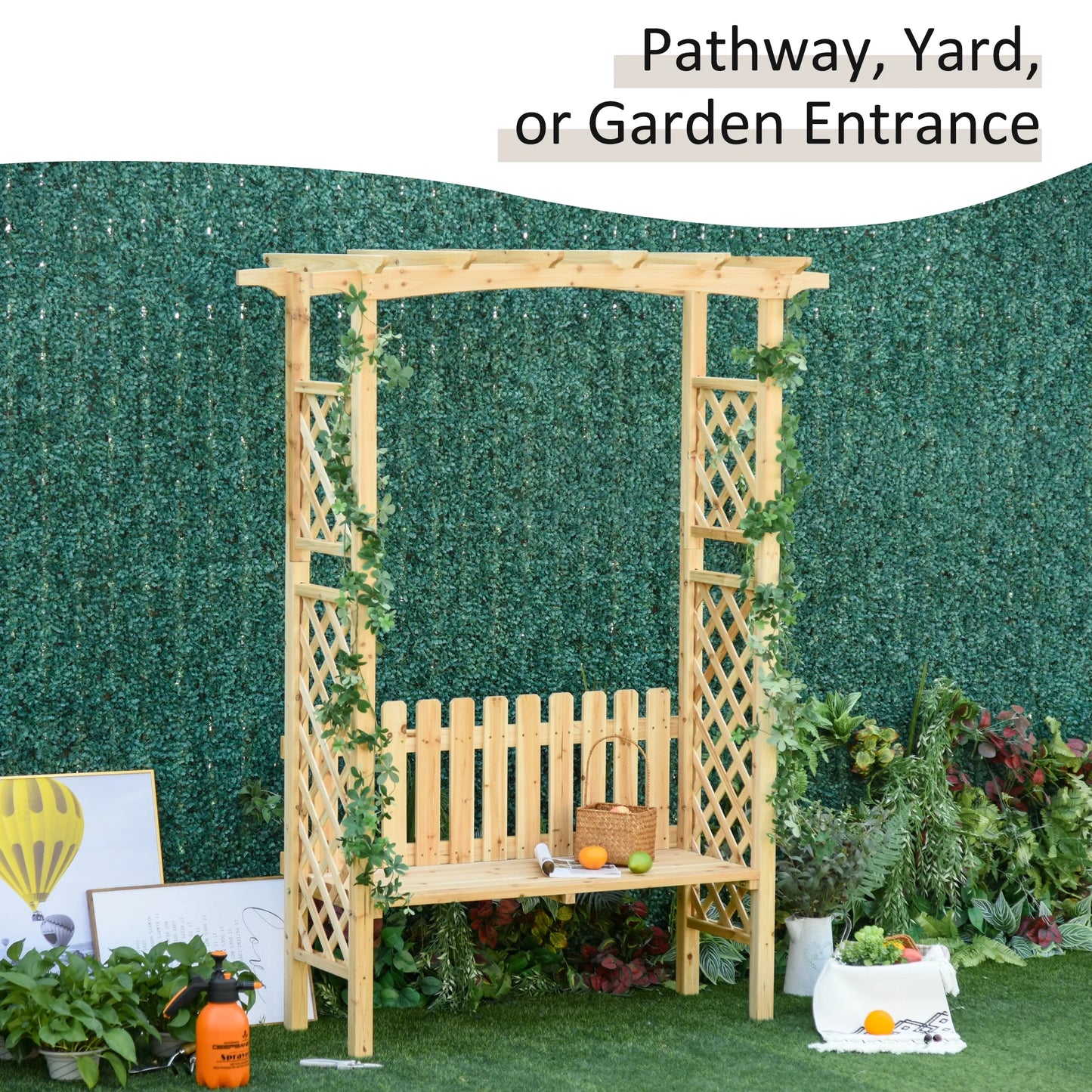 Outsunny Wooden Trellis Arbor Arch for Climbing Plants with Garden Bench, Grow Grapes & Vines, Patio Decor & 2-Person Seating, Natural