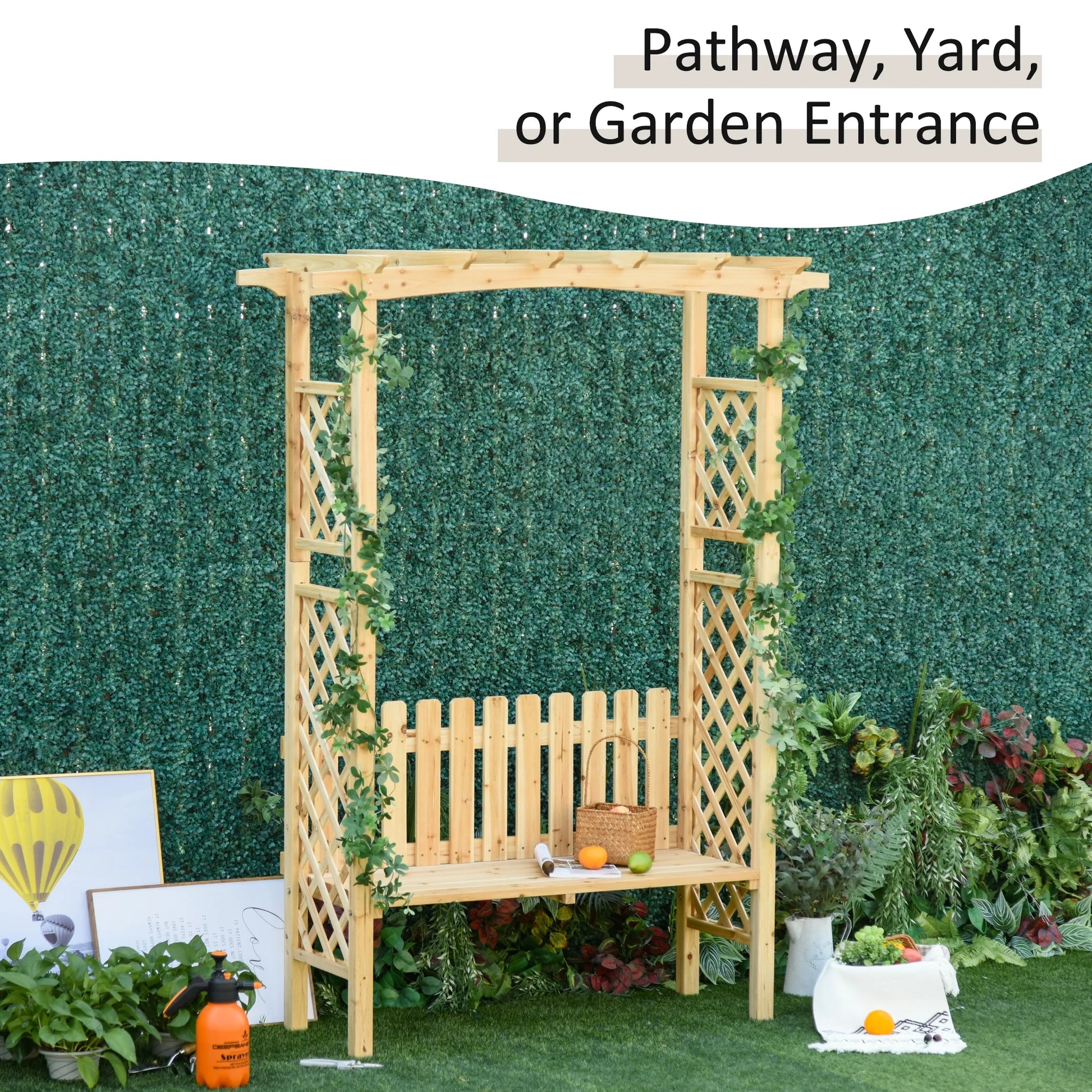 Outsunny Wooden Trellis Arbor Arch for Climbing Plants with Garden Bench, Grow Grapes & Vines, Patio Decor & 2-Person Seating, Natural