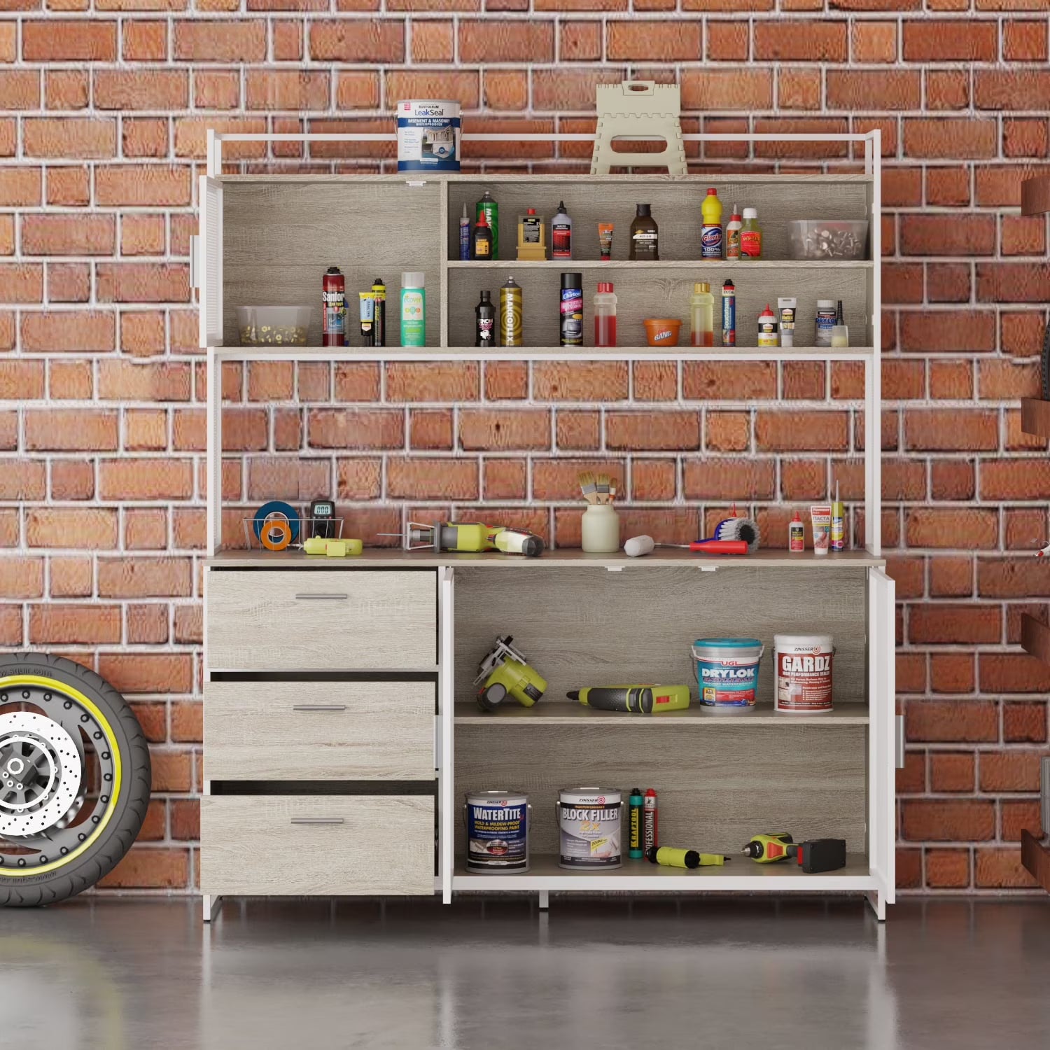WIAWG Garage Cabinet with 3 Drawers and Metal Mesh Door, Industrial Mutifunctional Tool Storage Cabinet for Warehouse, Basement, Home Office (Walnut)