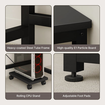 66" L Shaped Computer Desk with Power Outlets, Gaming Desk with Shelf and Drawers for Home Office, Black
