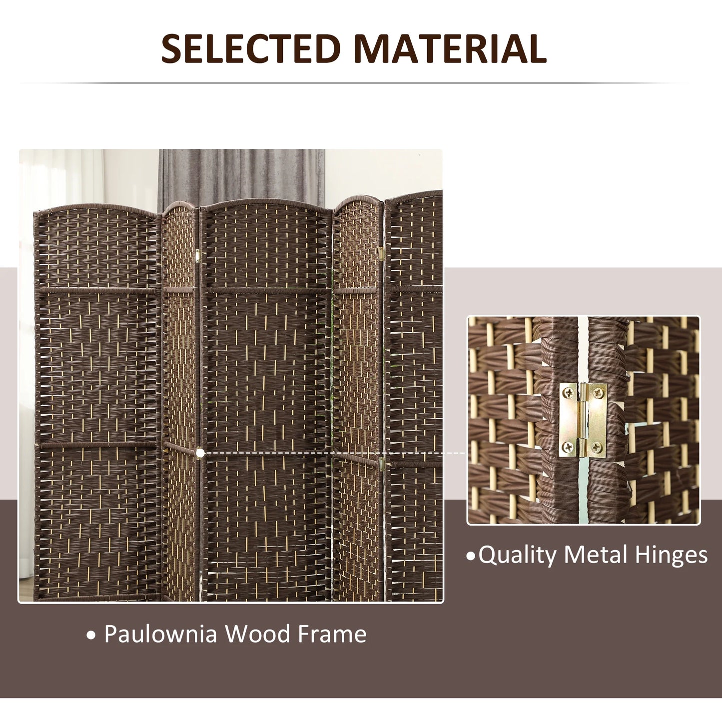 HOMCOM 6 Panel Room Divider, 6' Tall Folding Privacy Screen, Hand-Woven Freestanding Wood Partition for Home Office, Bedroom, Brown