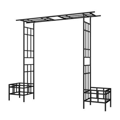 Metal Garden Arch with Plant Box and Adjustable Width, 2 in 1 House Shape Garden Arch Trellis for Climbing Plants Heavy Duty Steel Pergola Arch for Wedding Party Backyard Outdoor (Black)