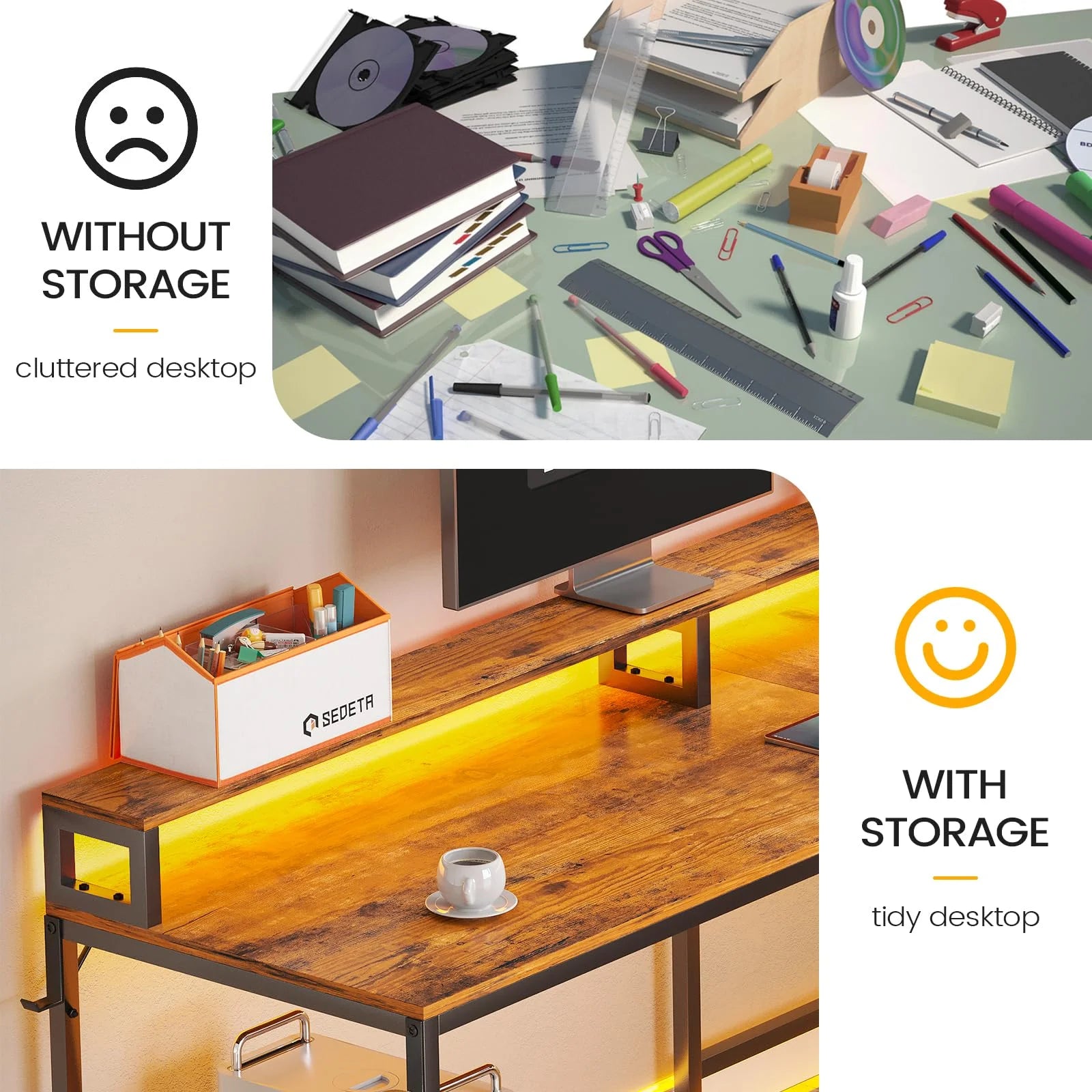 L Shaped Desk with Power Outlet and LED Lights, Corner Computer Desk with File Drawer for Home Office, Gaming Desk, Rustic Brown