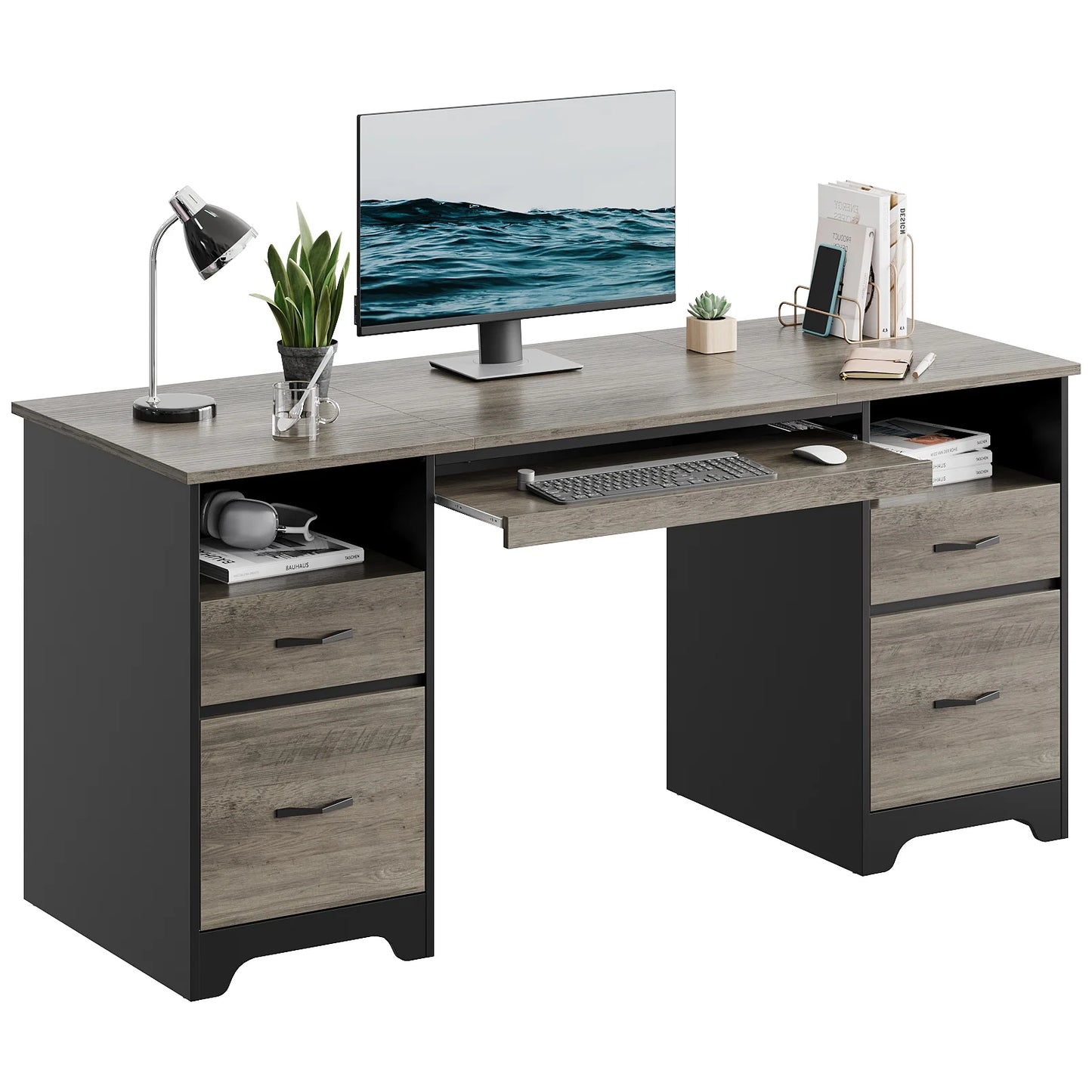 Bestier 59° Computer Desk with 4 Drawers, Office Executive Desk with File Drawer, Keyboard Tray for Home Office, Gray