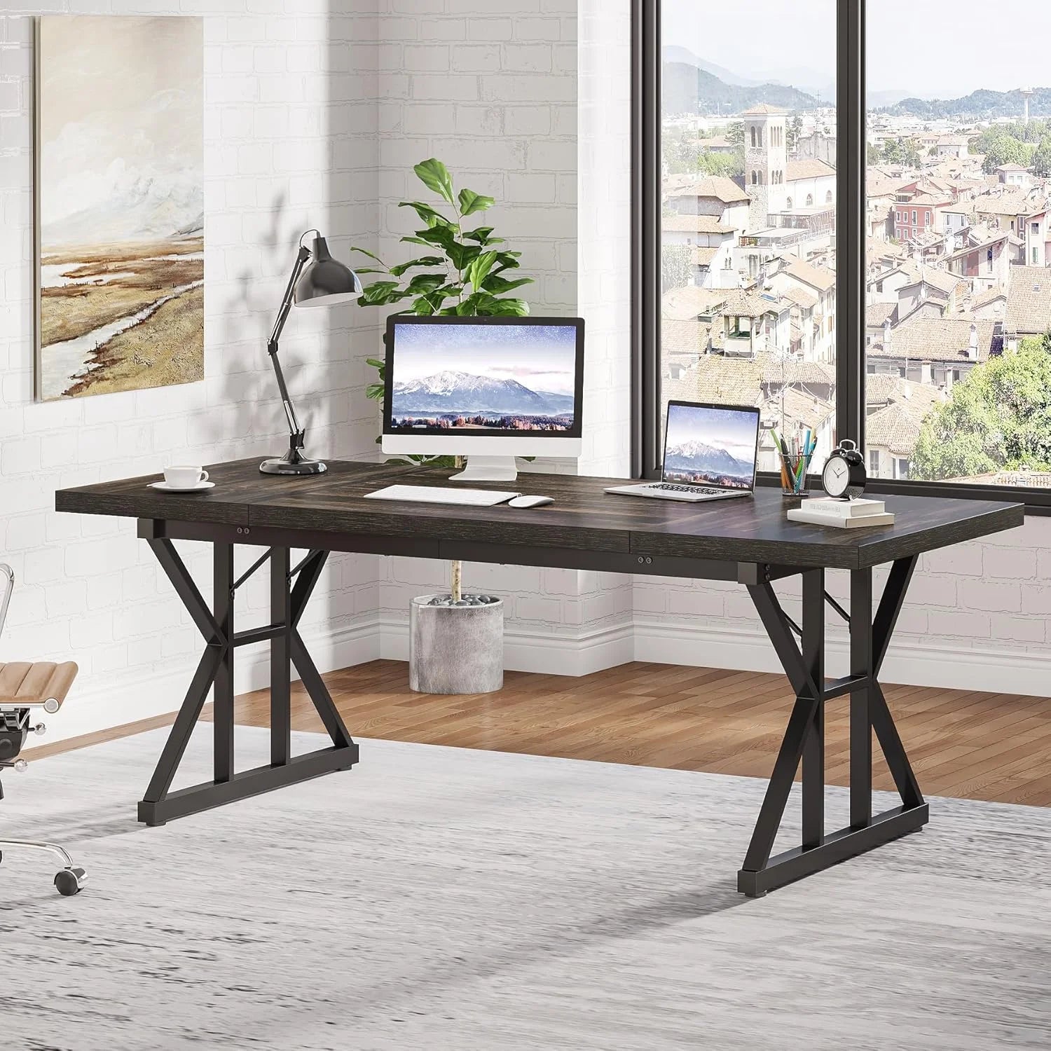 Tribesigns 71" Executive Desk, Large Computer Desk Study Writing Table for Home Office (Brown/White)