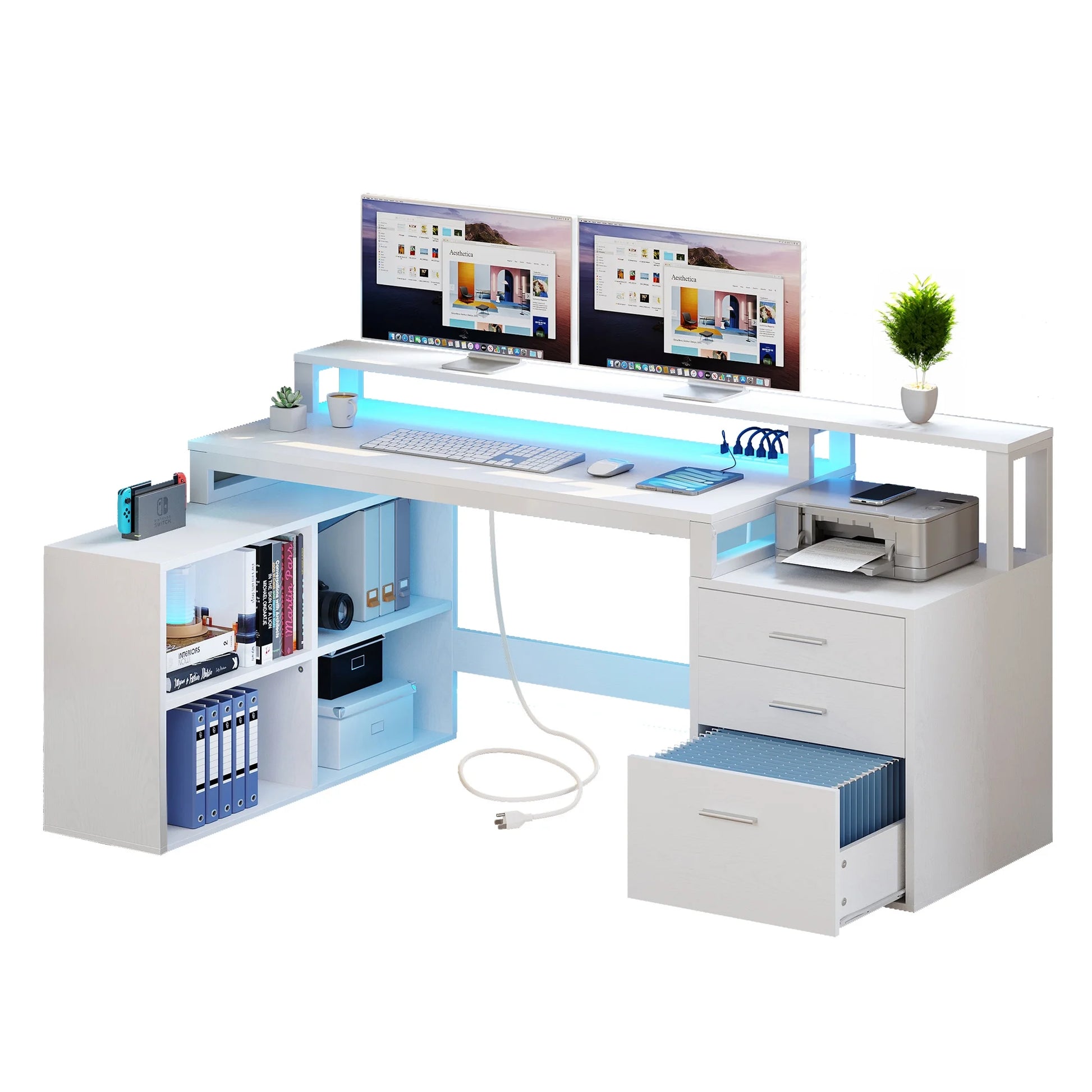 Dextrus 65" L Shaped Desk with Power Outlets and Monitor Stand , Computer Desk with LED Light &File Cabinet, Corner Desk with 3 Drawers & 4 Open Storage Shelves, Modern Home Office Desk, White