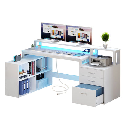 Dextrus 65" L Shaped Desk with Power Outlets and Monitor Stand , Computer Desk with LED Light &File Cabinet, Corner Desk with 3 Drawers & 4 Open Storage Shelves, Modern Home Office Desk, White