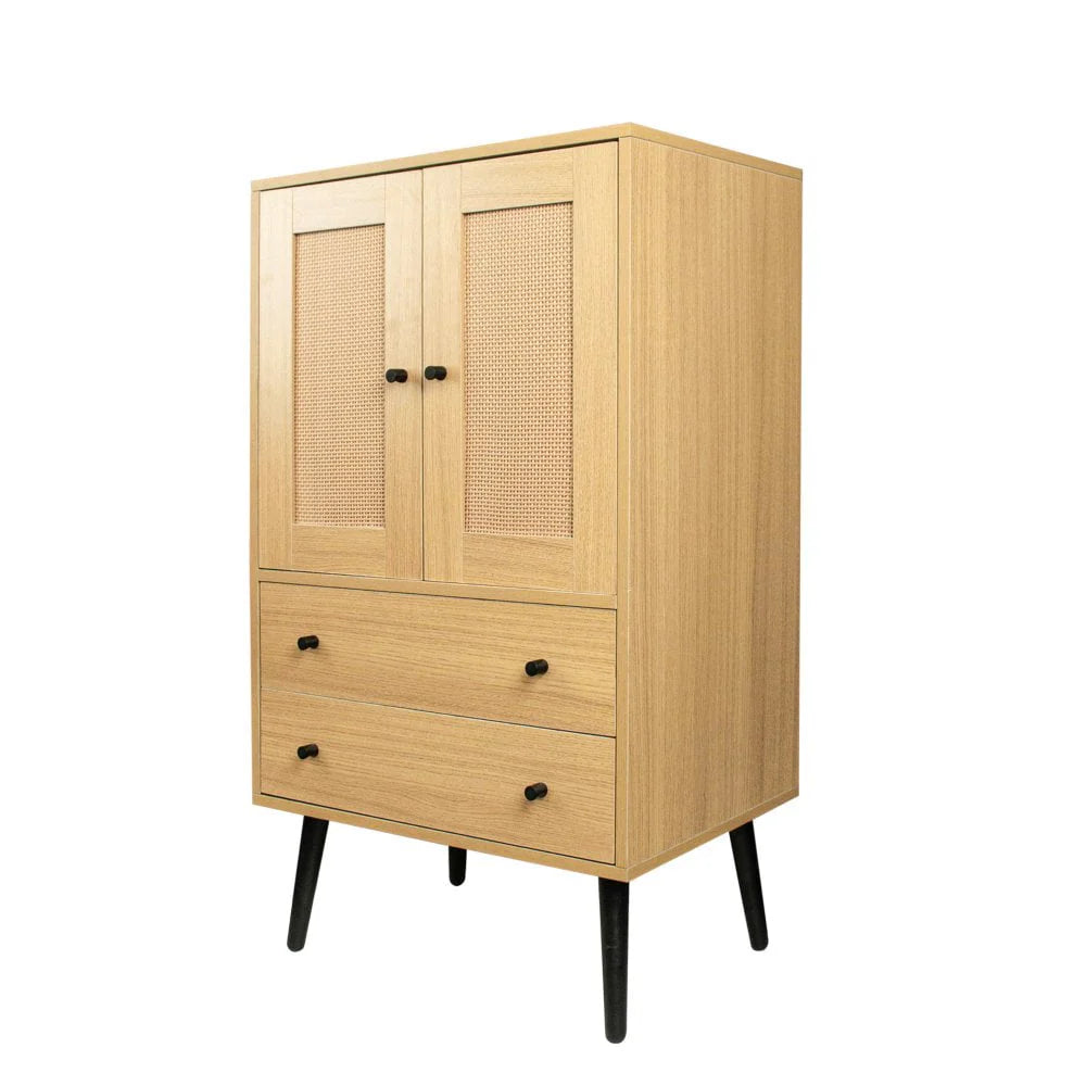 GZXS Storage Cabinet with 2 Rattan Doors & 2 Drawers, Mid Century Modern Buffet Sideboard Kitchen Cupboard for Living Room, Bedroom, Hallway, Home Office, Natural