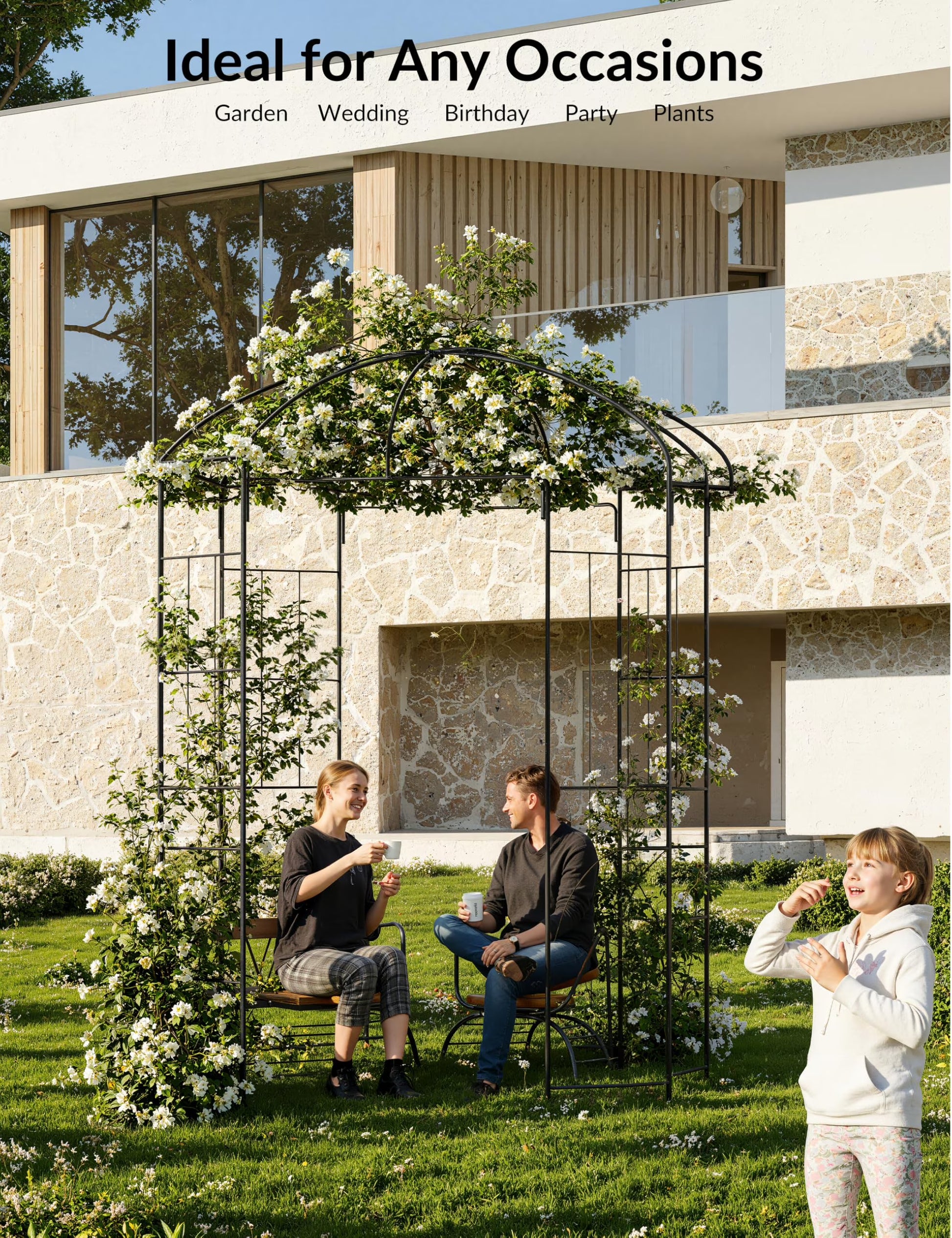Accreate Easy Assemble 8FT Tall Garden Arch - No Tools Needed Steel Arbor with Gate, Includes Ground Stakes | Rust-Resistant Trellis for Wedding Backdrops & Climbing Plants