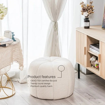 White Boucle with Stripes Pouf Vintage Style Living Room