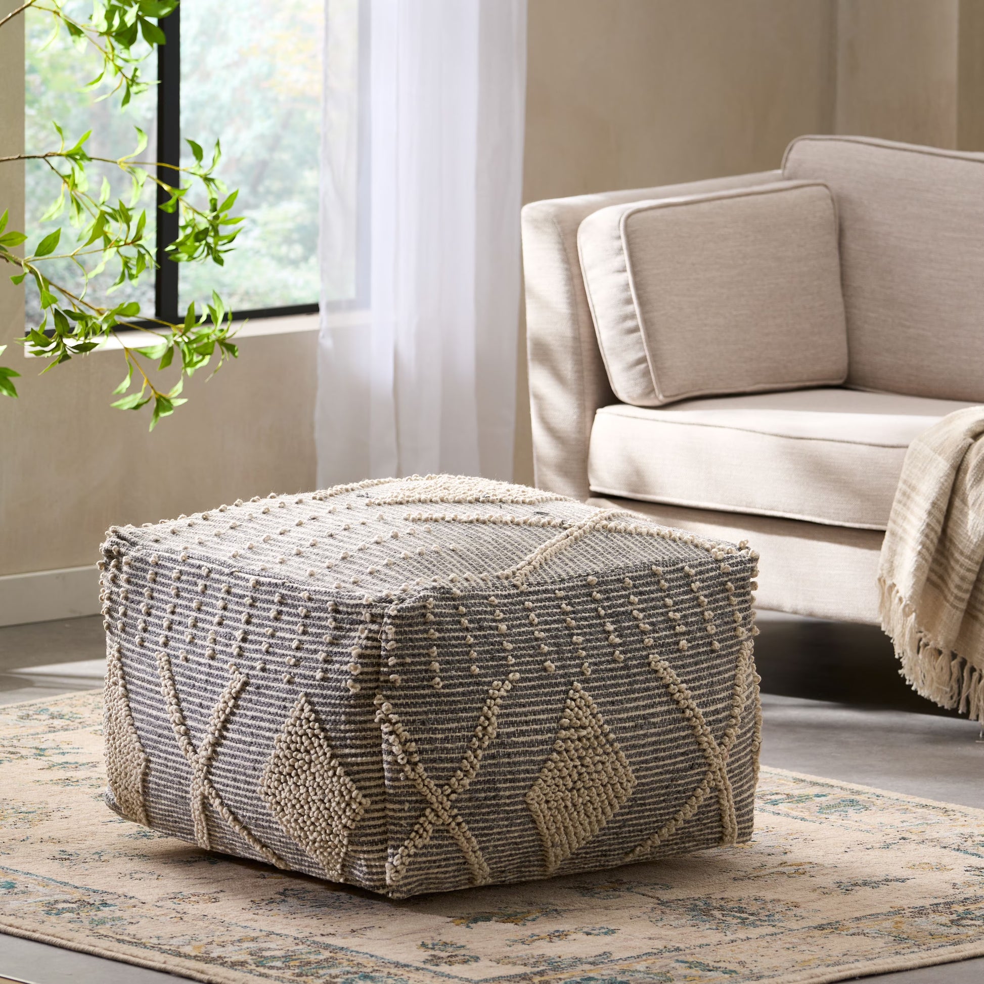 Noble House Cube Geometric Tufted Polyester Pouf