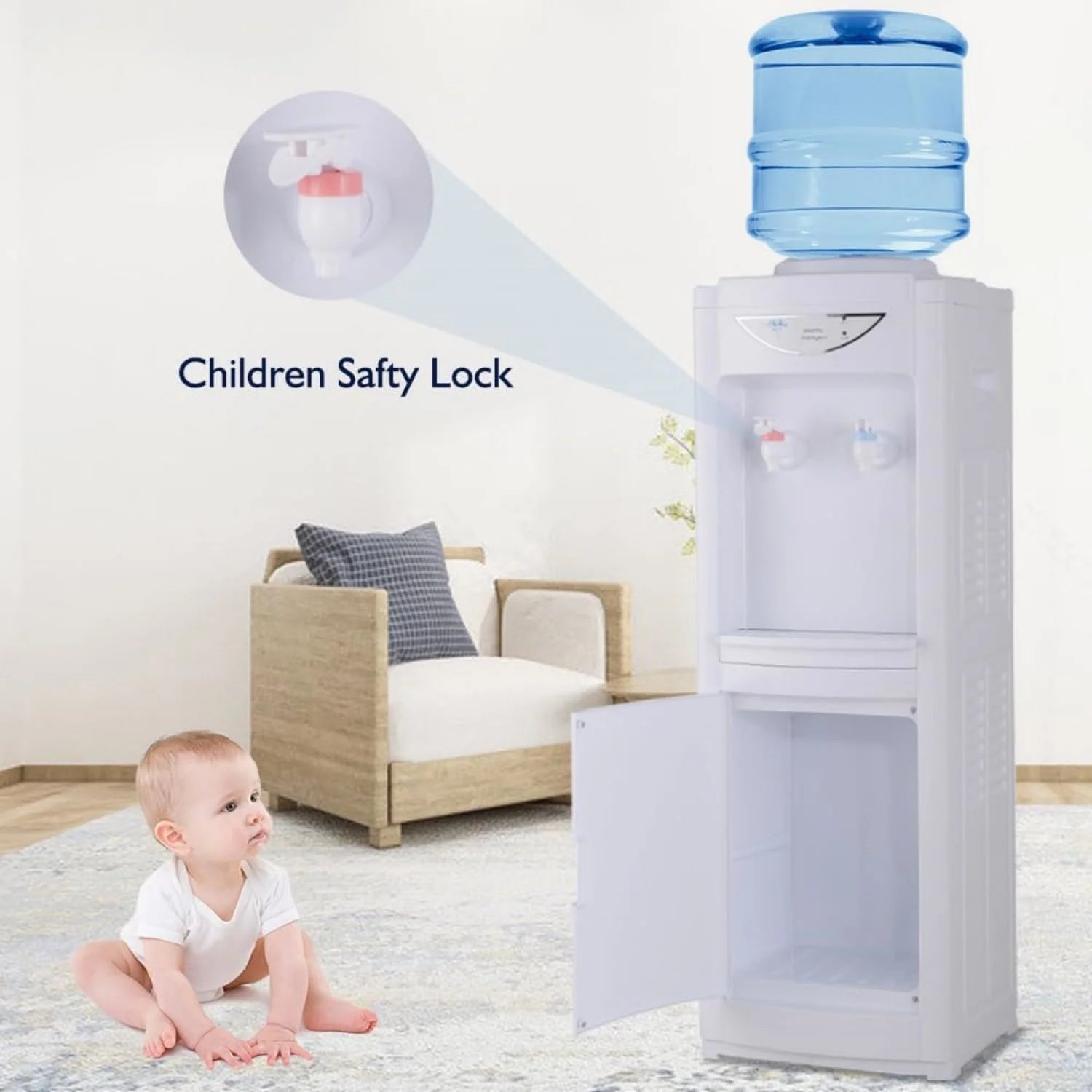 Top Loading Water Cooler Dispenser, Hot & Cold Water Cooler 5 Gallon with Children Safety Lock Storage Cabinet for Home Office Indoor Use