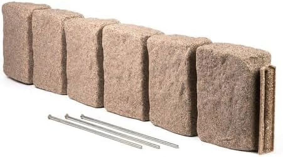 Beuta Landscape Edging | Garden Edging Border | Faux Stone Block XL for Lawn Edging, Flower Beds & Yard Edging - 1 Pack | Each Section Has 6 Blocks 48" L x 4" W x 9.5" H | 3 Spikes | Sandstone