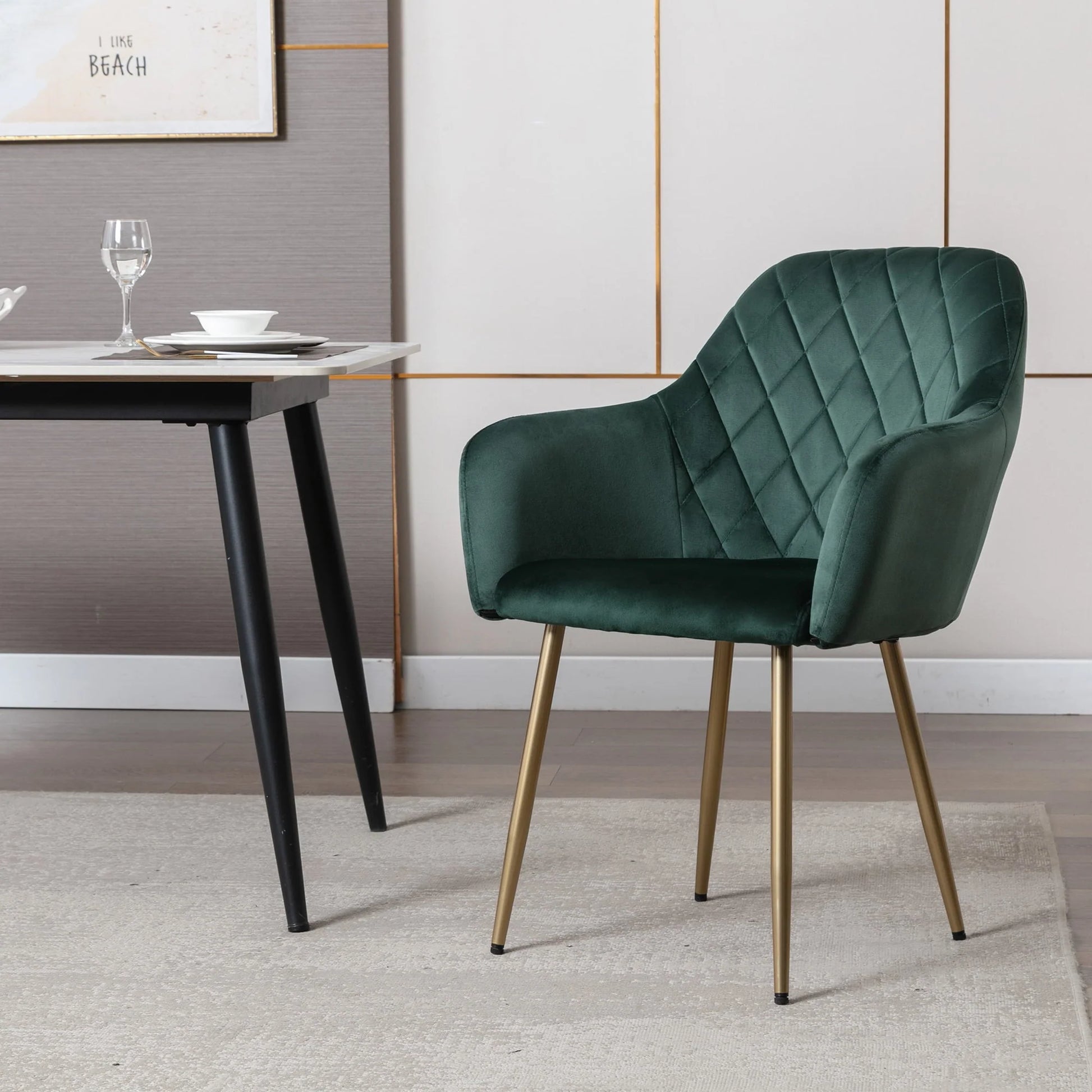 Vanbow Velvet Office Chair Upholstered Mid-Century Modern Office Chairs with Gold Legs for Kitchen Living Room Home Office Bedroom,Green